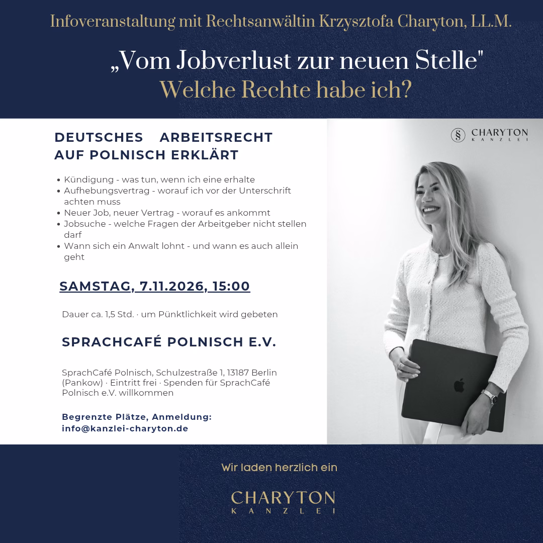 Od utraty pracy po nowy etat – jakie mam prawa? – spotkanie z niemiecką adwokat Krzysztofą Charyton, LL.M.
